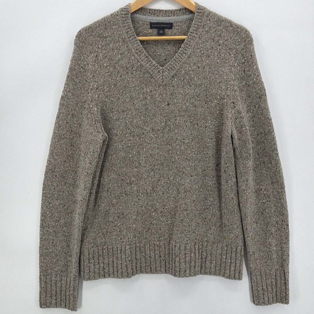Banana Republic Men's Medium Lambs Wool V-Neck Sweater Oatmeal Tweed Style Code